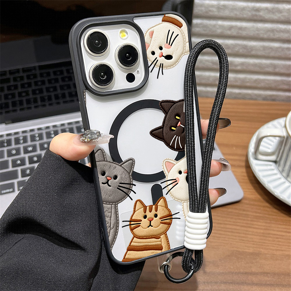 Phone Cases For Iphone 12 Pro Max - Schattig nep-borduurwerk katten telefoonhoesje voor iPhone